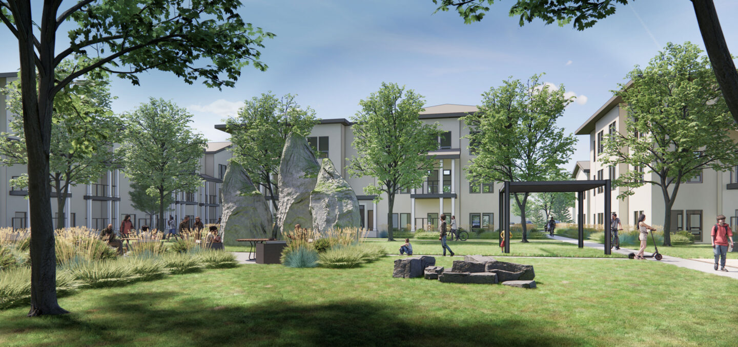 rendering of a park with three tall boulders at the center. People walk or ride bikes and scooters through the park amongst landscaping and tables